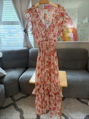 Misa Los Angeles Pink and Red Floral Ruffle Maxi Dress